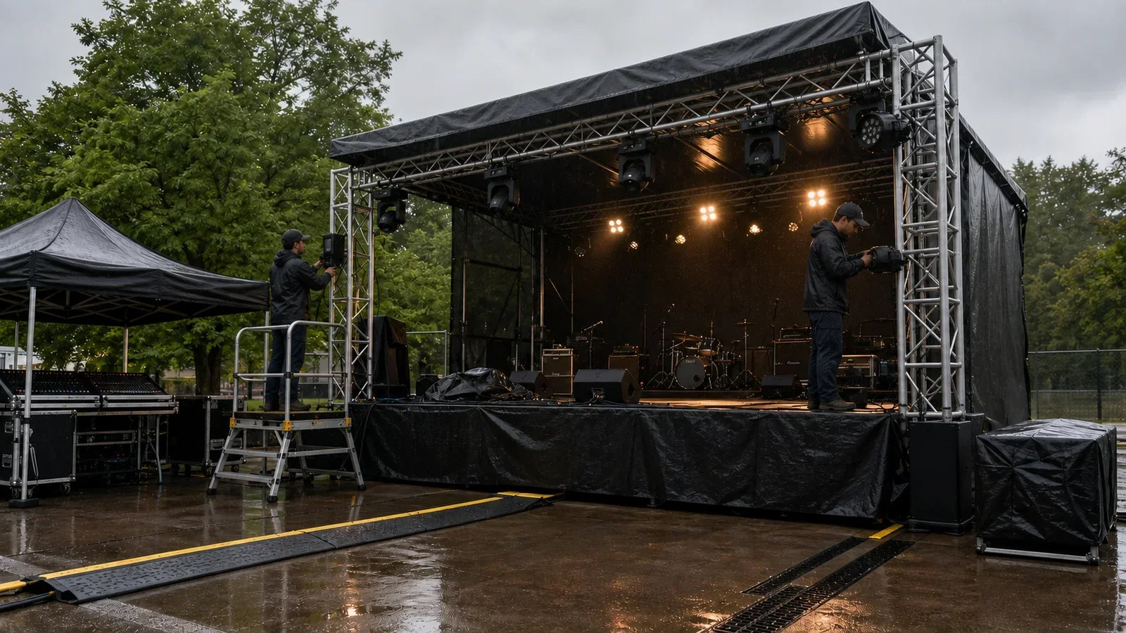 Budget-conscious outdoor stage lighting setup with protected fixtures, covered distribution, cable ramps, and drainage during light rain