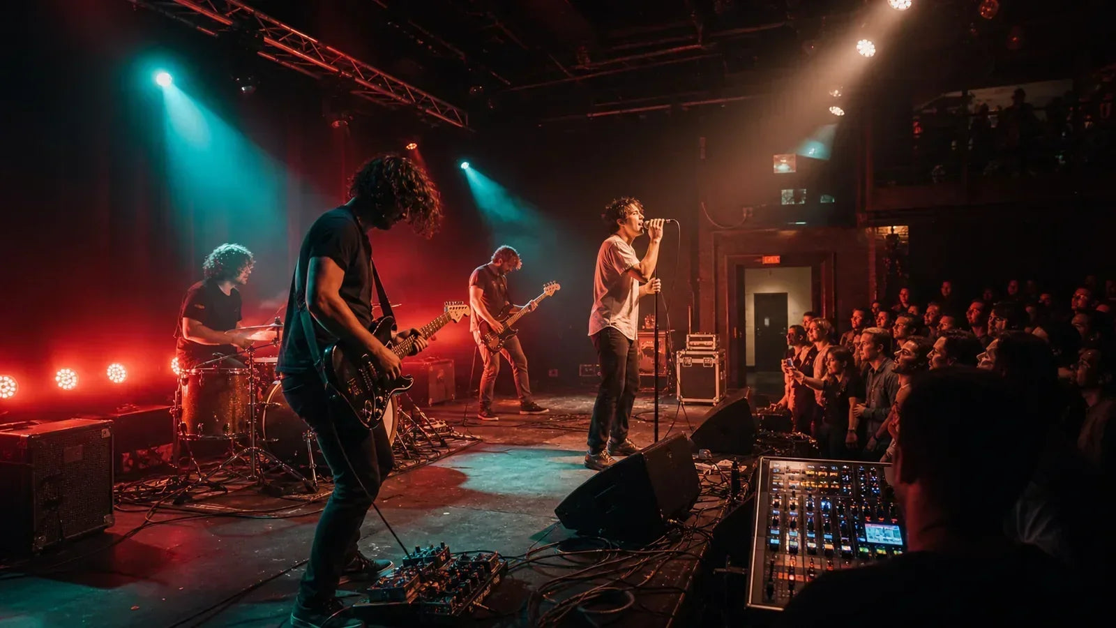Touring band performing in a small venue with compact floor wash, side lights, house front light, and portable control