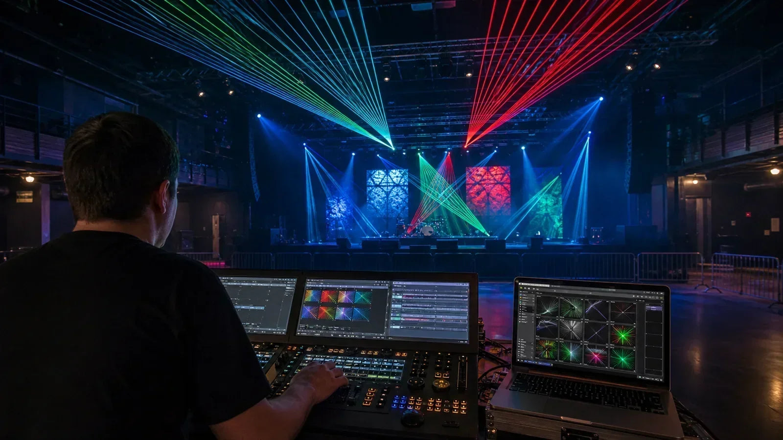 Professional programmer operating a controlled laser show with beams terminating on stage scenic surfaces