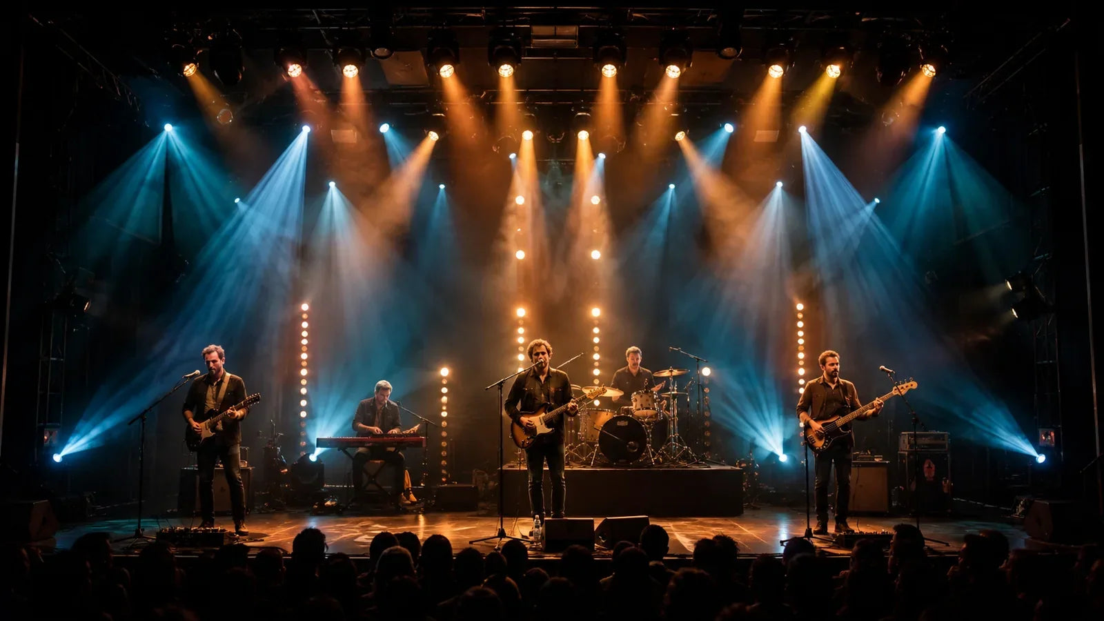 Opening act and headliner performing under layered professional concert lighting