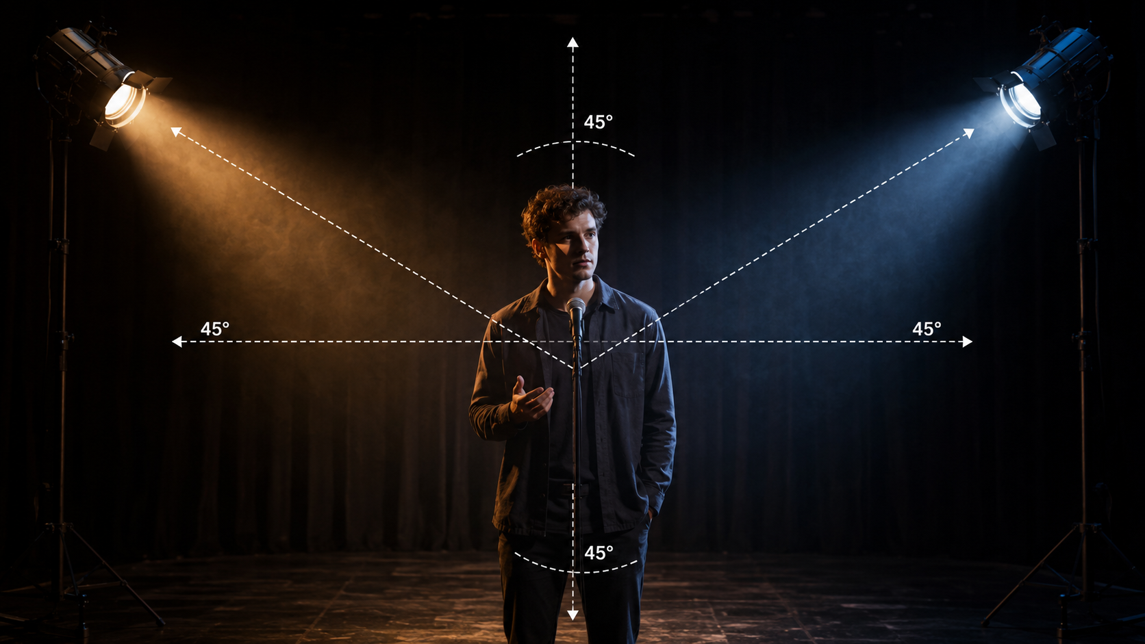 Stage lighting setup showing two lights at 45-degree angles illuminating a performer