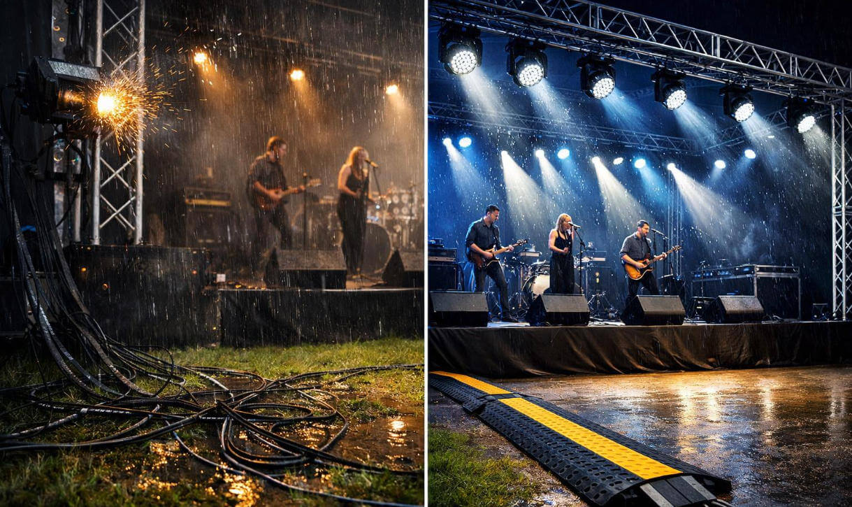 Before and after comparison of outdoor stage lighting mistakes versus correct professional setup