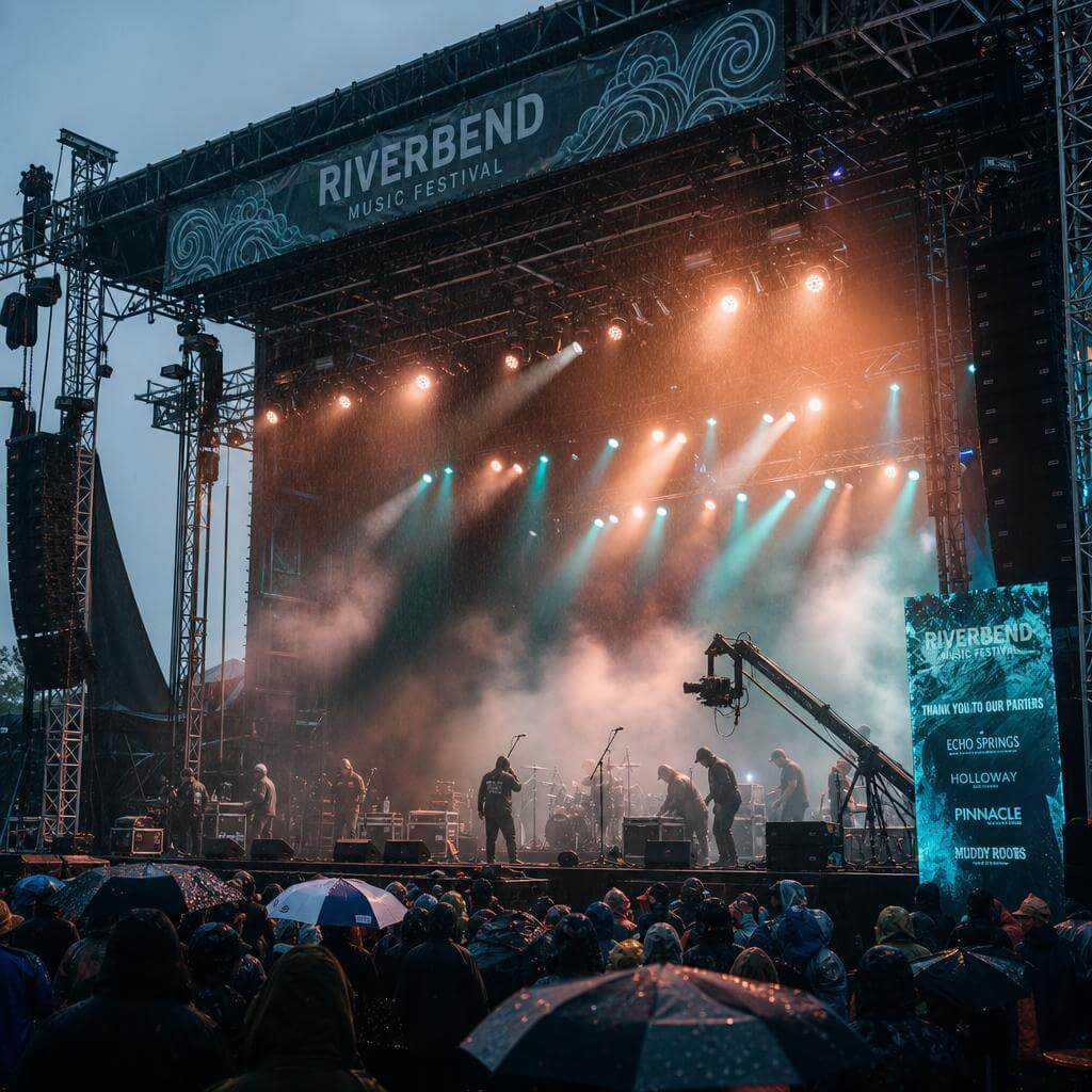 Outdoor music festival stage with IP65 waterproof lights running during light rain