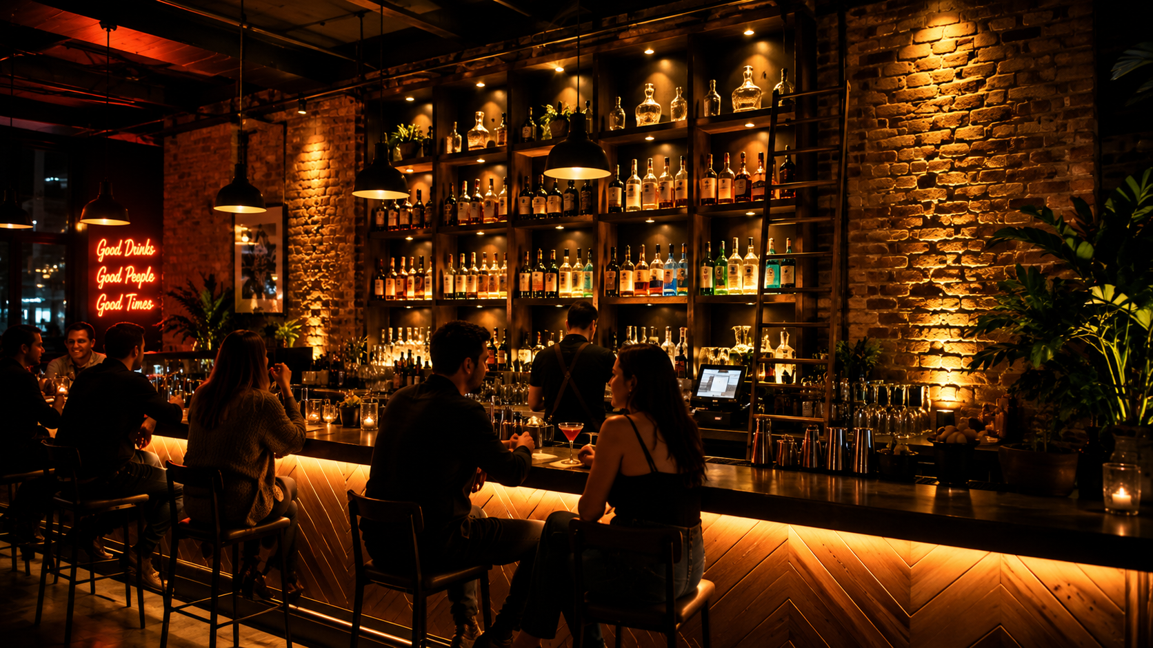 Cozy bar interior with warm under-bar LED lighting and bottle display pinspots