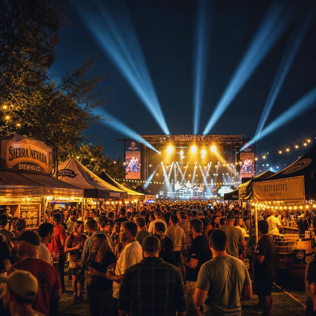 Outdoor beer festival at night with warm stage lighting illuminating the main stage and vendor booths