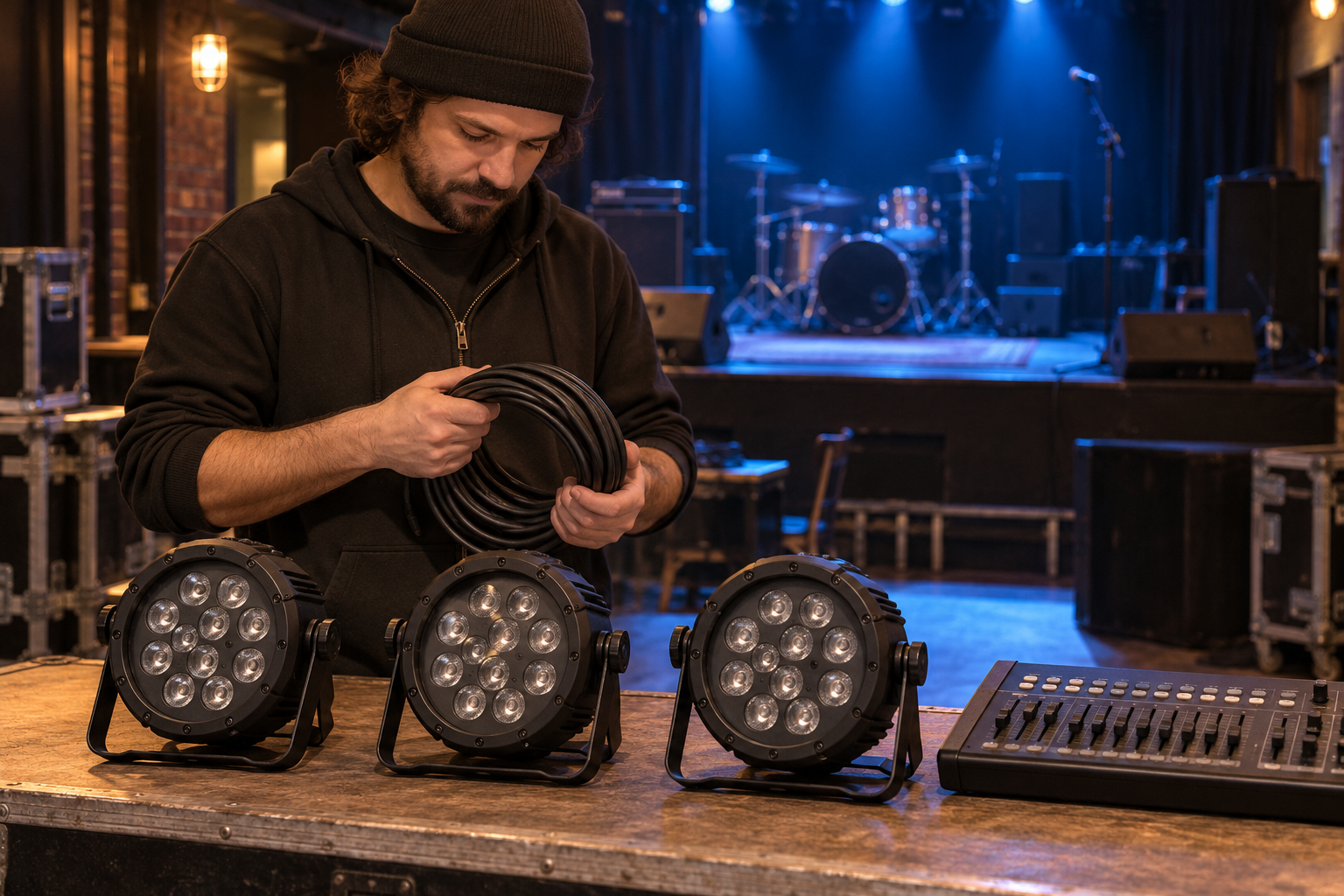 Technician checking a coiled cable beside three LED stage lights and a lighting controller.