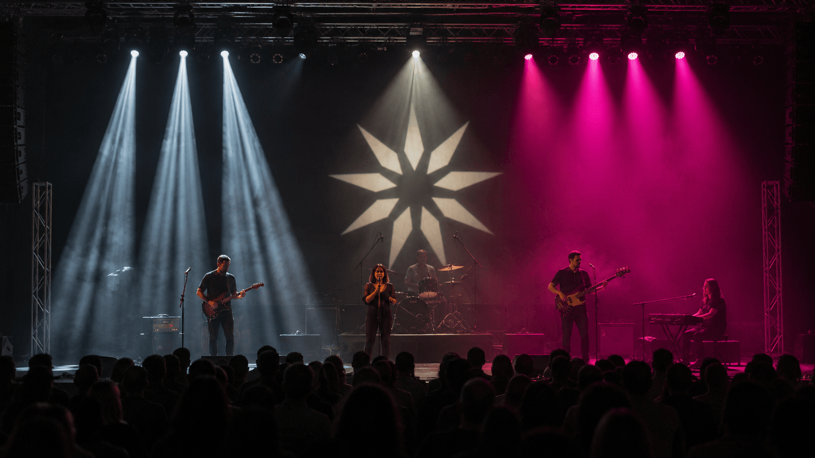 Stage showing beam, spot, and wash moving head light effects simultaneously