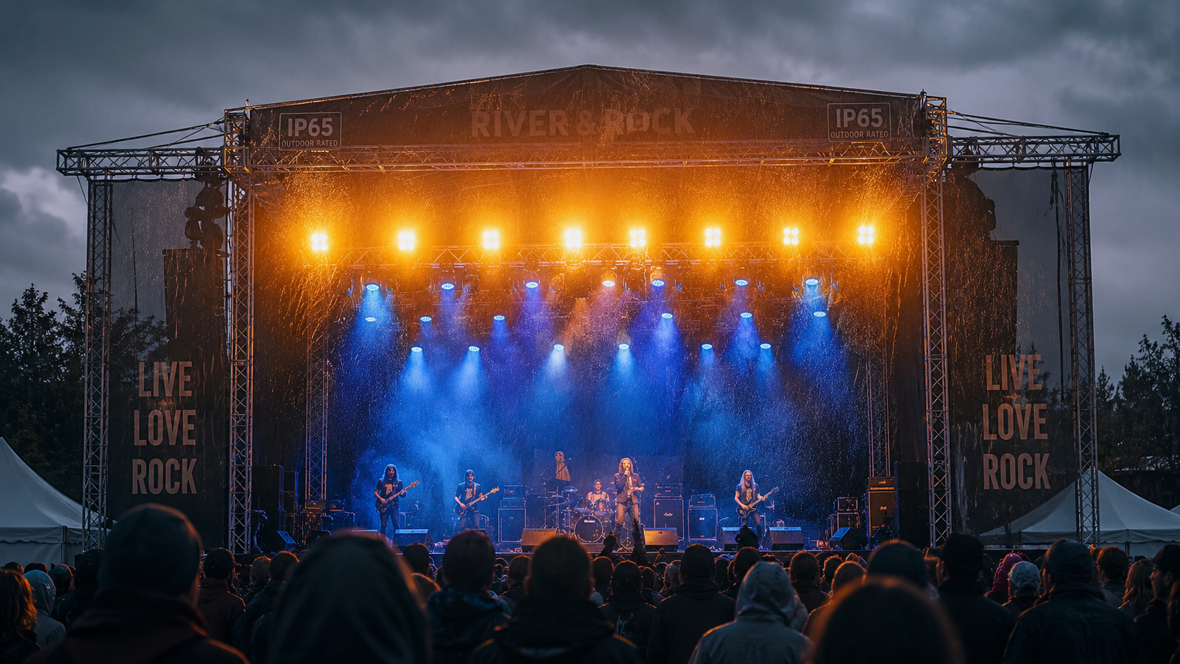 Outdoor festival stage with IP65 LED wash lights illuminating performers during light rain