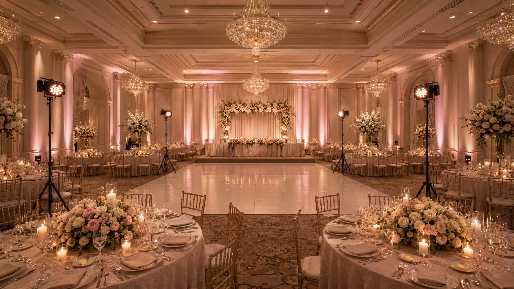 Medium wedding lighting setup with zoom wash moving heads and wireless uplights in a large ballroom