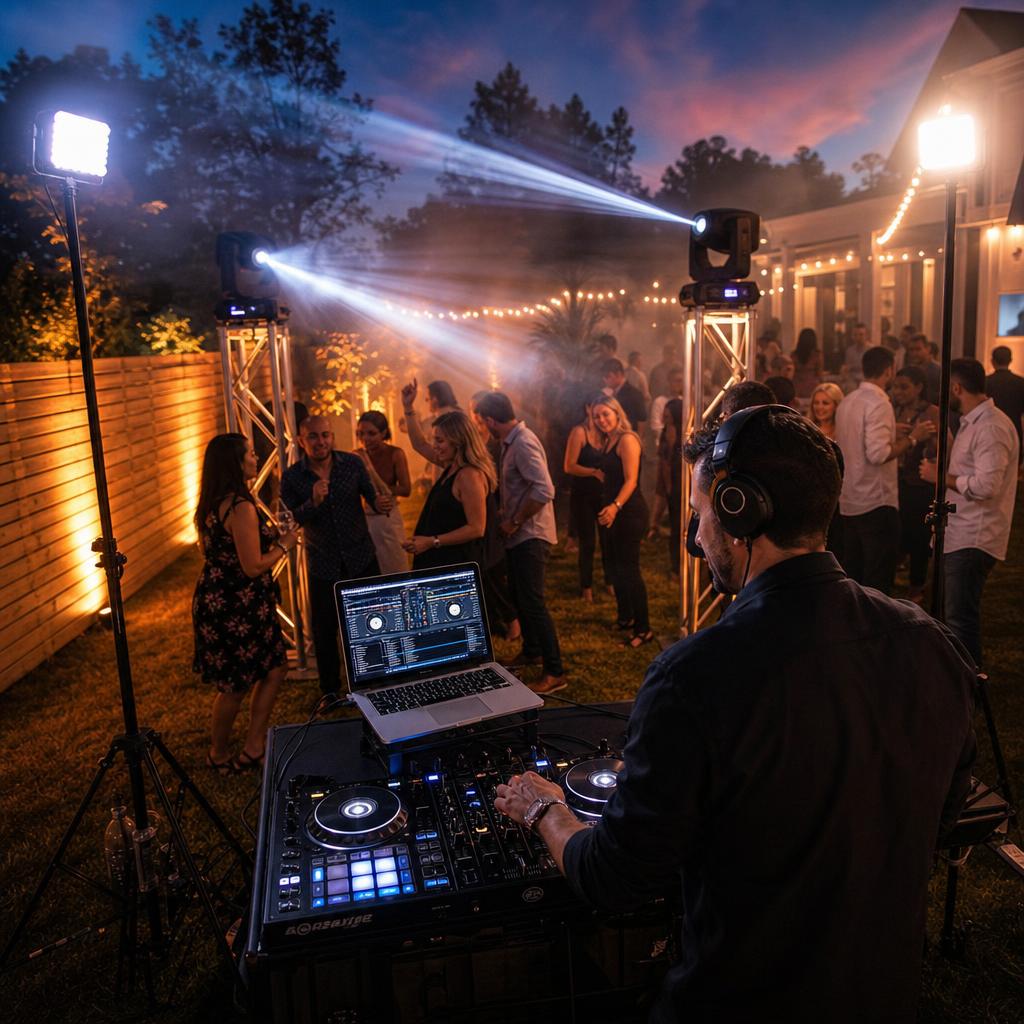 Mobile DJ outdoor setup at twilight with battery LED PAR lights and moving head beams illuminating the dance floor