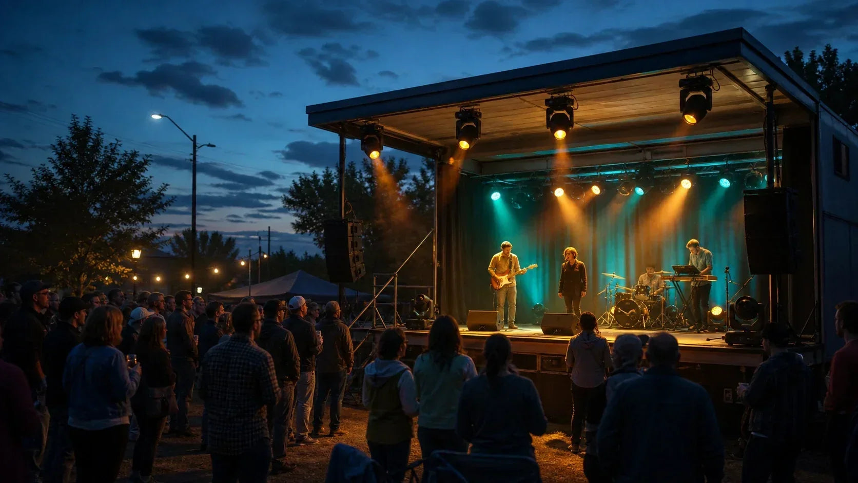 Four IP66 moving wash lights covering a small outdoor music stage