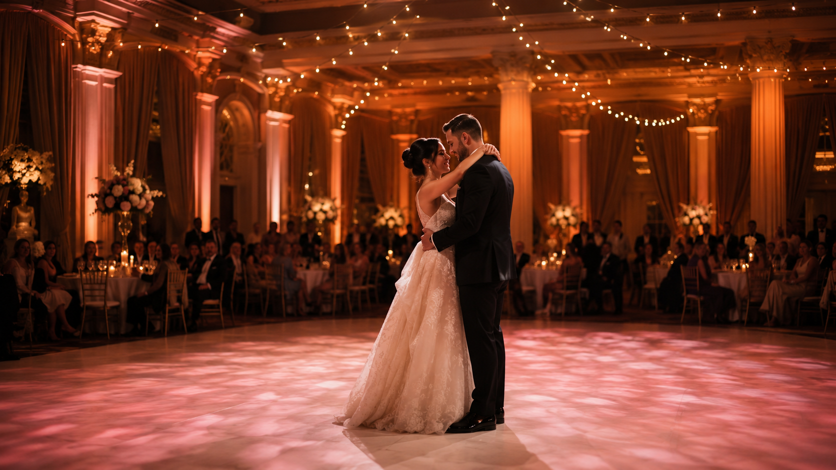 Wedding reception with amber uplights and pink dance floor wash during first dance