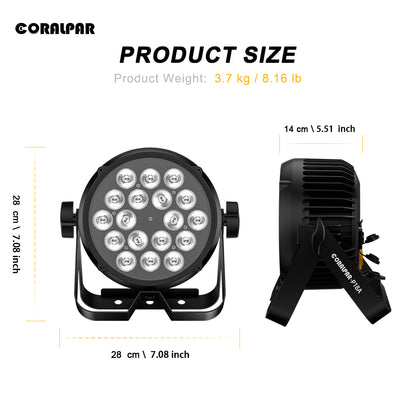 CoralPar New Waterproof Aluminum alloy LED Flat Par 18x12W RGBWA+UV Lighting Selected touchscreens with RDM function