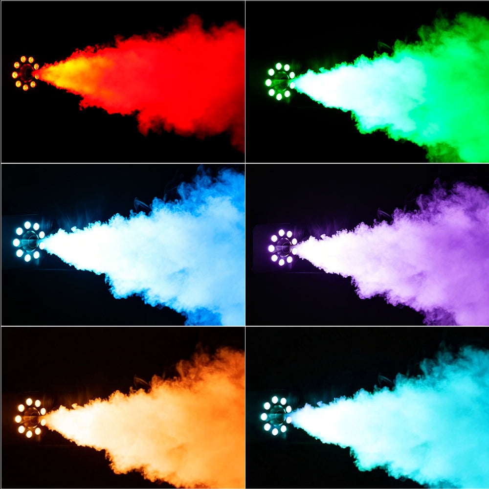 SHEHDS 1500W RGB LED Fog Machine with 9x3W Lights DMX & Remote Control Fog Effect – multicolor fog effect