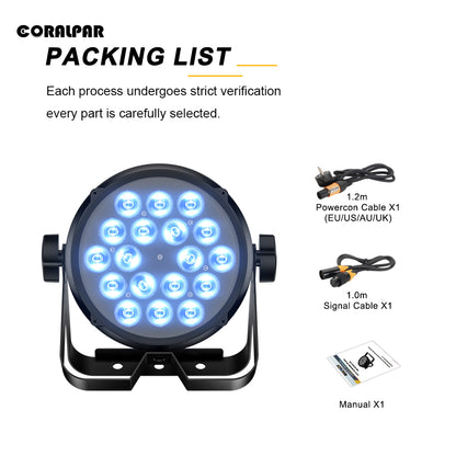 CoralPar New Waterproof Aluminum alloy LED Flat Par 18x12W RGBWA+UV Lighting Selected touchscreens with RDM function