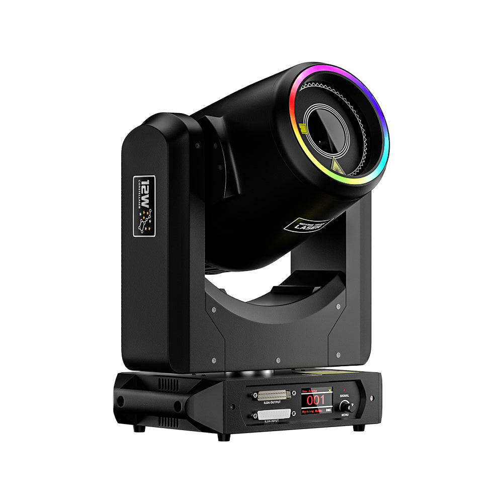 Luz láser con cabezal móvil Constellaser 12W con efecto de anillo para bares, conciertos, calles peatonales 