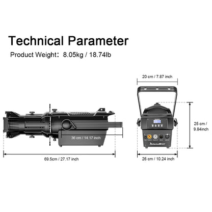 LED Fixed Focus LEKO 250W/350W Profile Spotlight - RGBWAUV/RGBLAC/RGBW/RGBL/Warm+Cool White | Four-leaf Manual Shutters