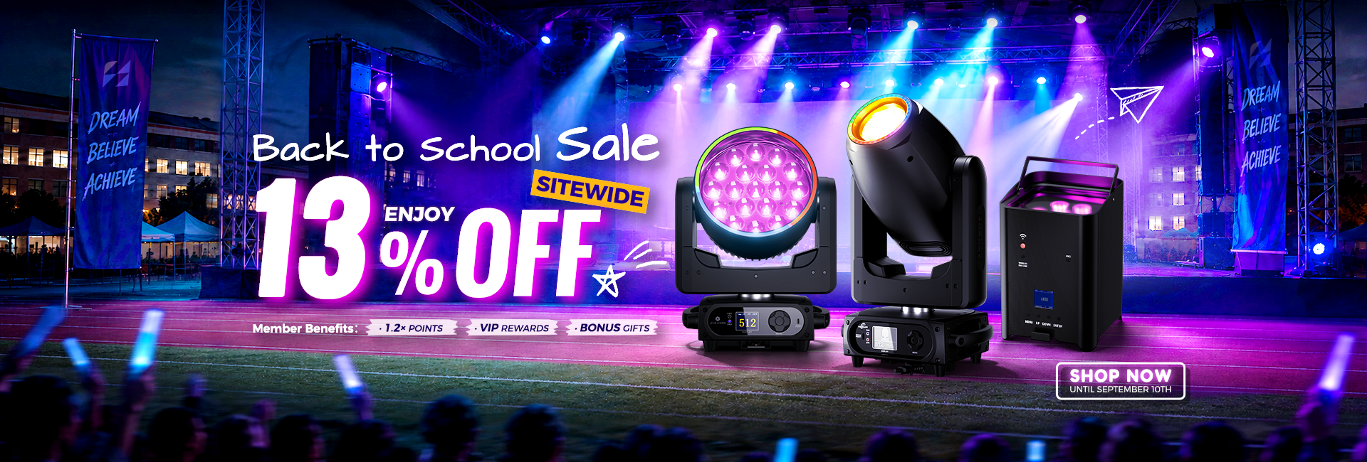 SHEHDS anniversary sale on moving head and LED stage lights